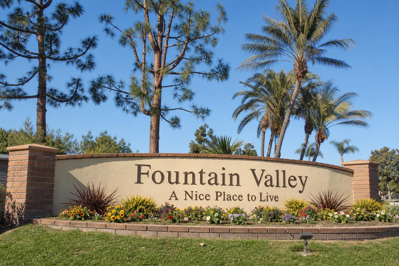 Fountain Valley city entry monument sign reading A Nice Place to Live