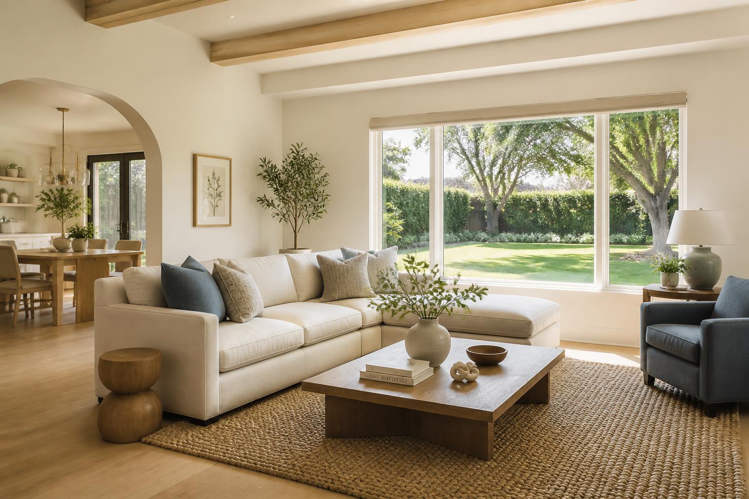 Bright Fountain Valley living room with linen sofa and backyard garden view